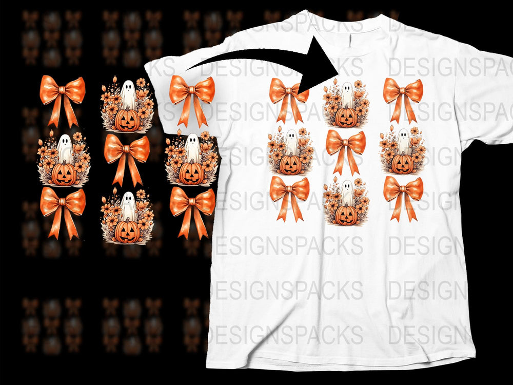 Halloween T-Shirt with Cute Ghosts and Pumpkins, Orange Ribbon Bows, Festive Fall Apparel