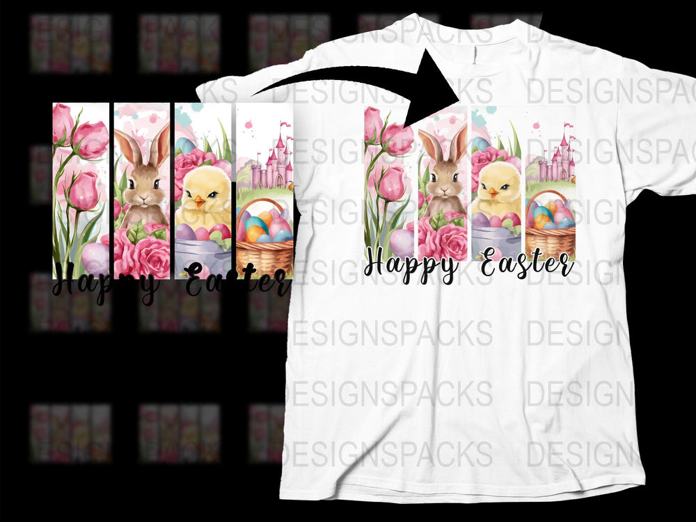 Happy Easter T-Shirt with Bunnies and Tulips, Colorful Spring Tee for Men and Women