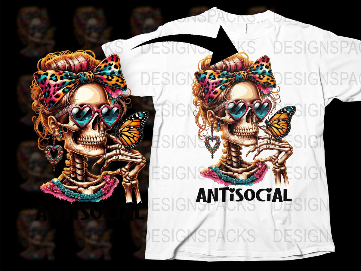 Funky Skull Graphic T-Shirt, Leopard Bow, Butterfly Accents, Antisocial Slogan Tee, Unique Fashion Top for Women and Men