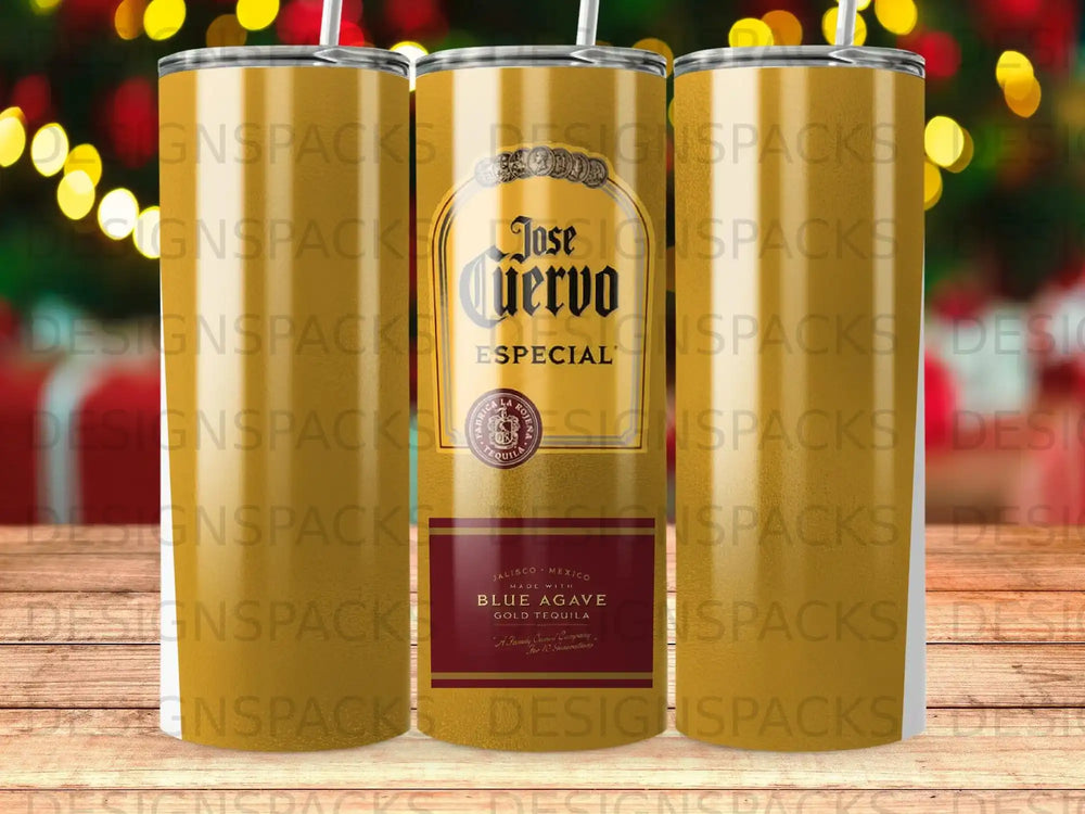 Jose Cuervo Especial Gold tequila bottle on a tumbler with blurred lights background.