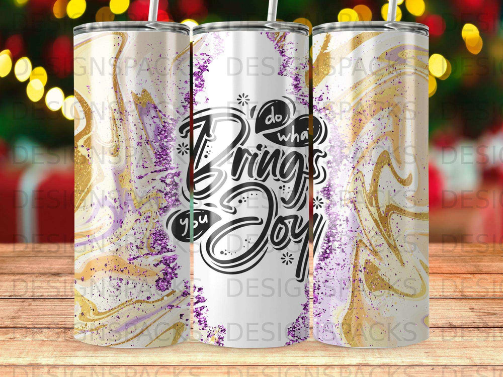 Tumbler with "Do what brings you joy" text and purple and gold marbled design.
