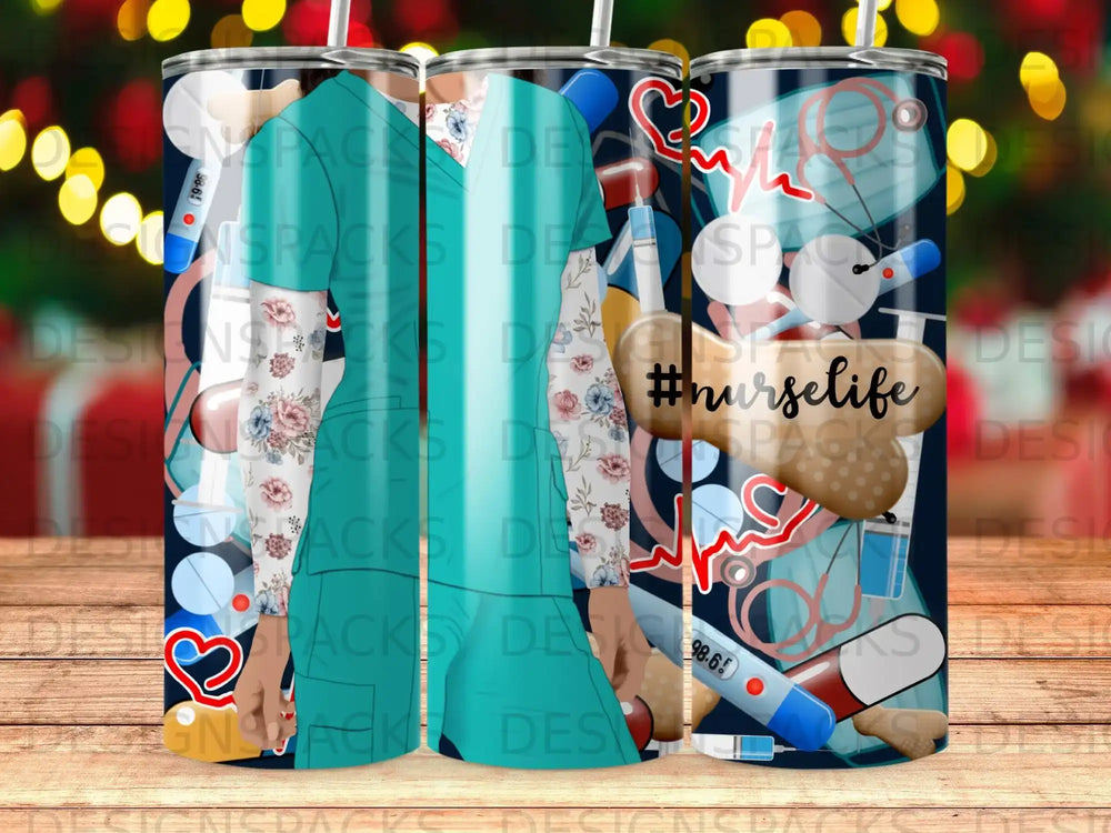 Tumbler design with #nurselife, medical tools, and floral patterns.