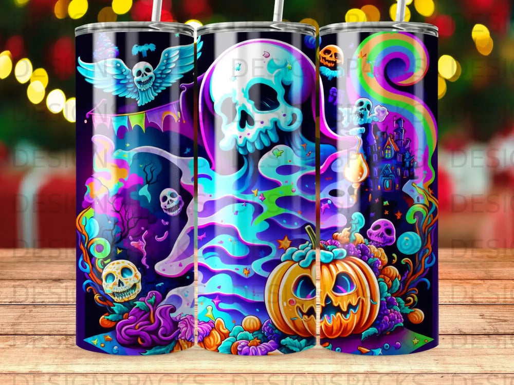 Halloween tumbler design with skulls, ghosts, and a jack-o'-lantern.