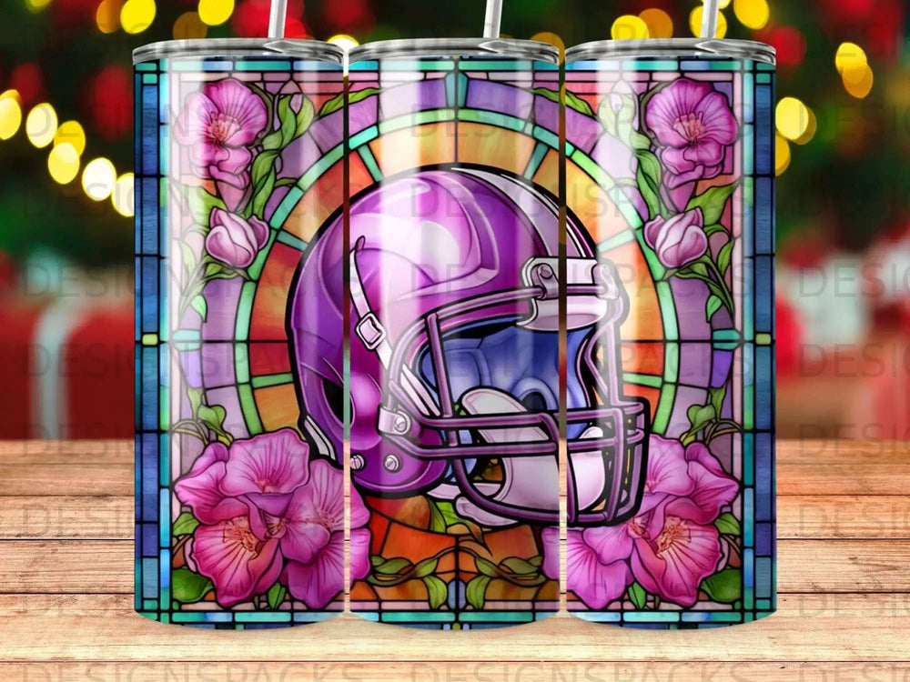 Purple football helmet with stained glass and floral accents.