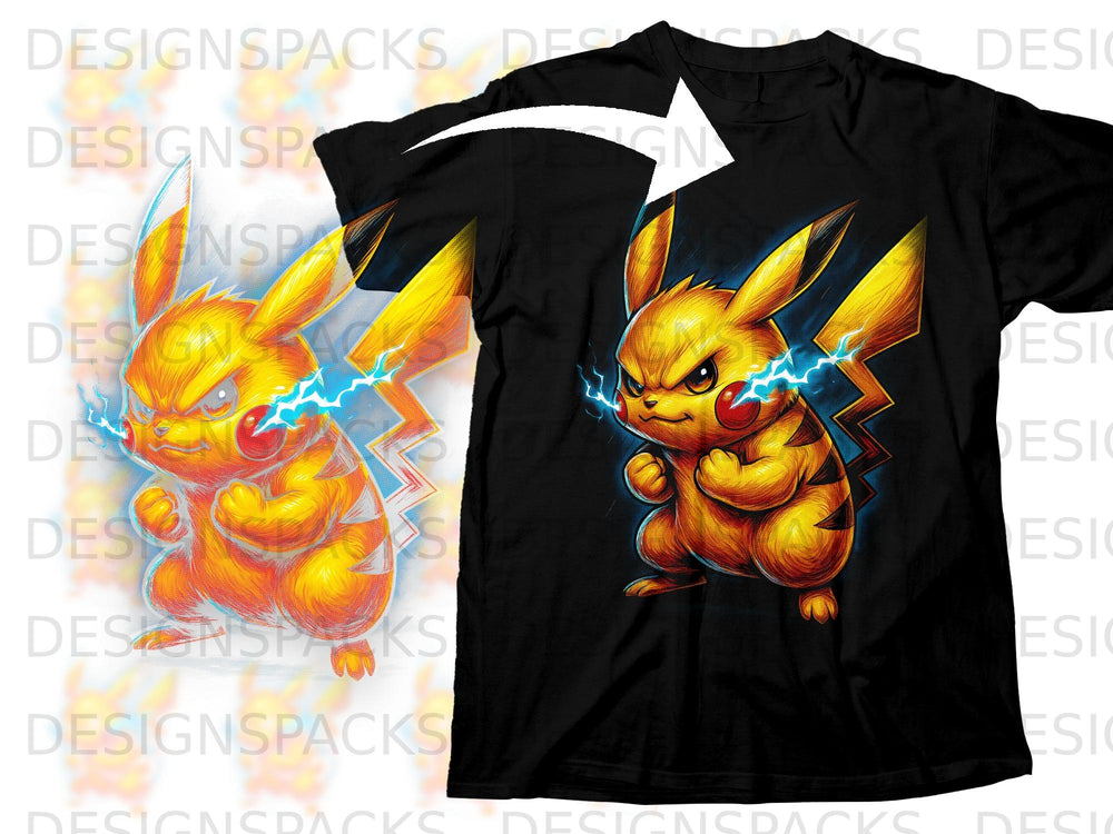 Black t-shirt with an angry, electric Pikachu graphic on the front.