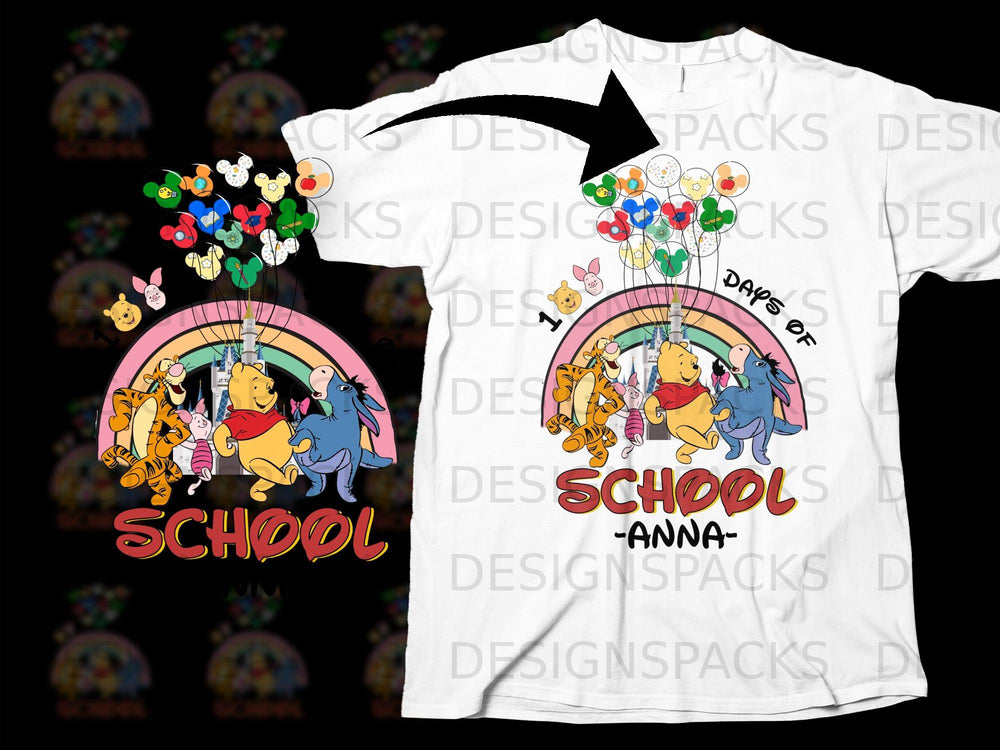 Winnie the Pooh characters on a rainbow with balloons and "Days of School" text.