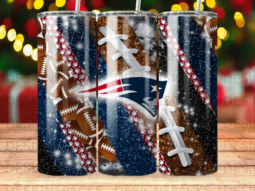 New England Patriots football themed tumbler with glitter and stars.