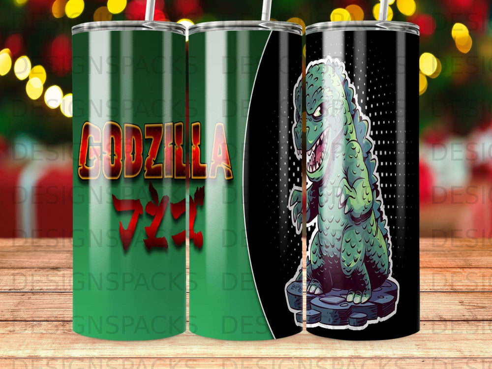 Godzilla character and Japanese text on a green and black patterned tumbler.