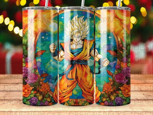 Goku in Super Saiyan form with floral stained-glass background.