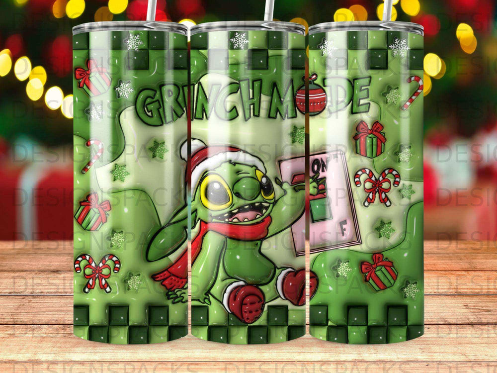 Green Grinch-themed tumbler with Stitch character, snowflakes, candy canes, and text.