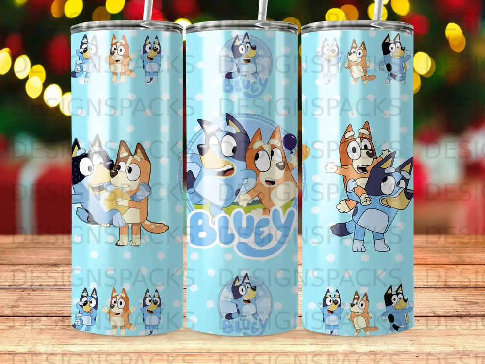 Bluey and Bingo characters on a blue tumbler with "Bluey" text.