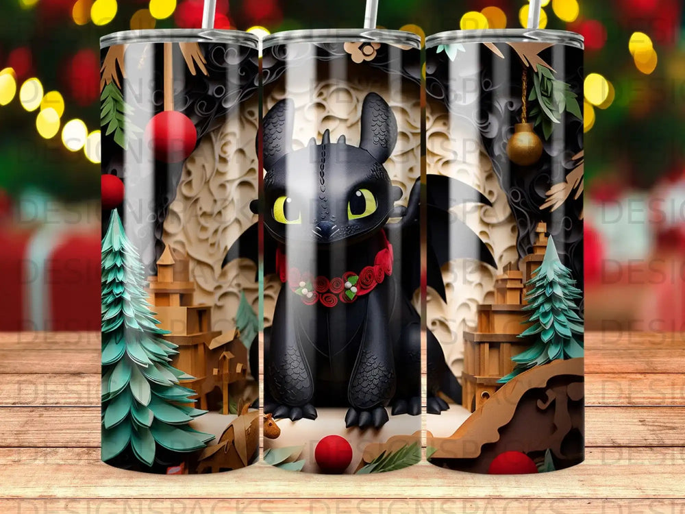 Toothless the dragon with Christmas trees and festive decor.