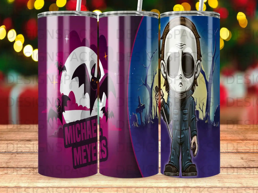 Michael Myers character art on a patterned tumbler with blood moon background.