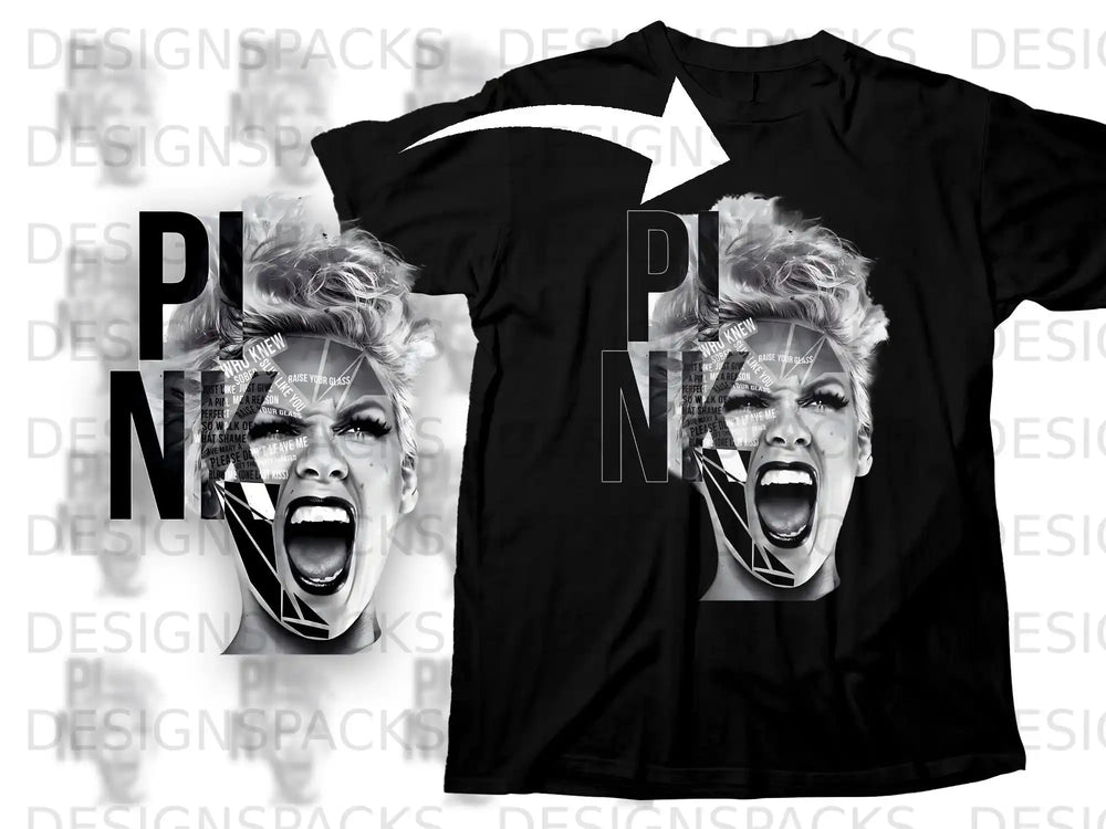 Pink's face overlaid with song titles, on a black t-shirt.