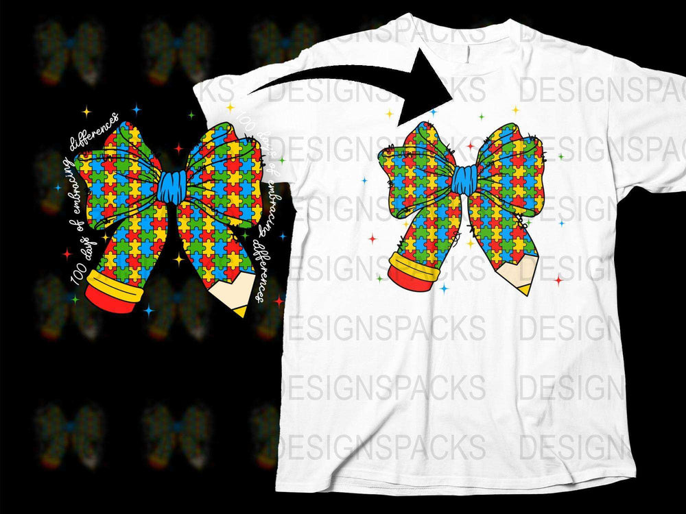 Colorful Puzzle Piece Autism Awareness Bow T-Shirt, Vibrant Jigsaw Pattern, Children's and Adult Sizes Available