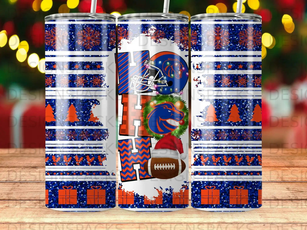 Three tumblers featuring a blue, orange, and white snowflake and gift pattern.