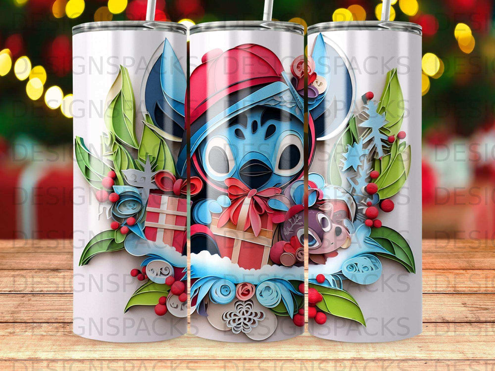 Stitch character with gifts and snowflakes, surrounded by leaves.