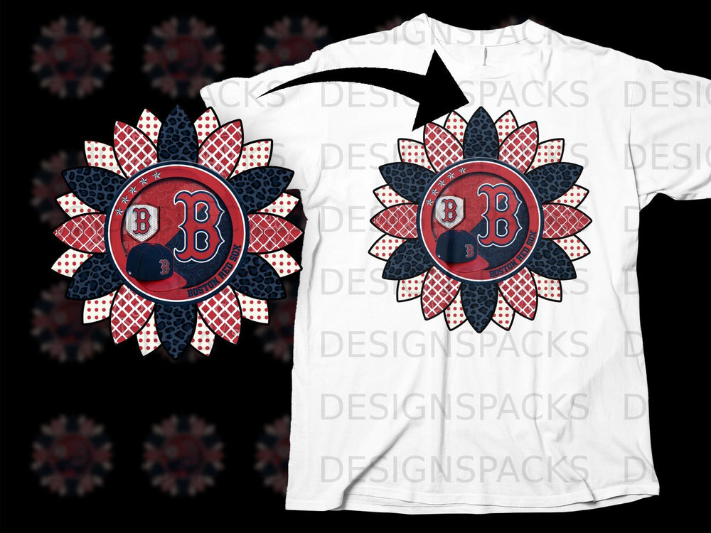 Boston Red Sox sunflower design and baseball cap on white t-shirt.