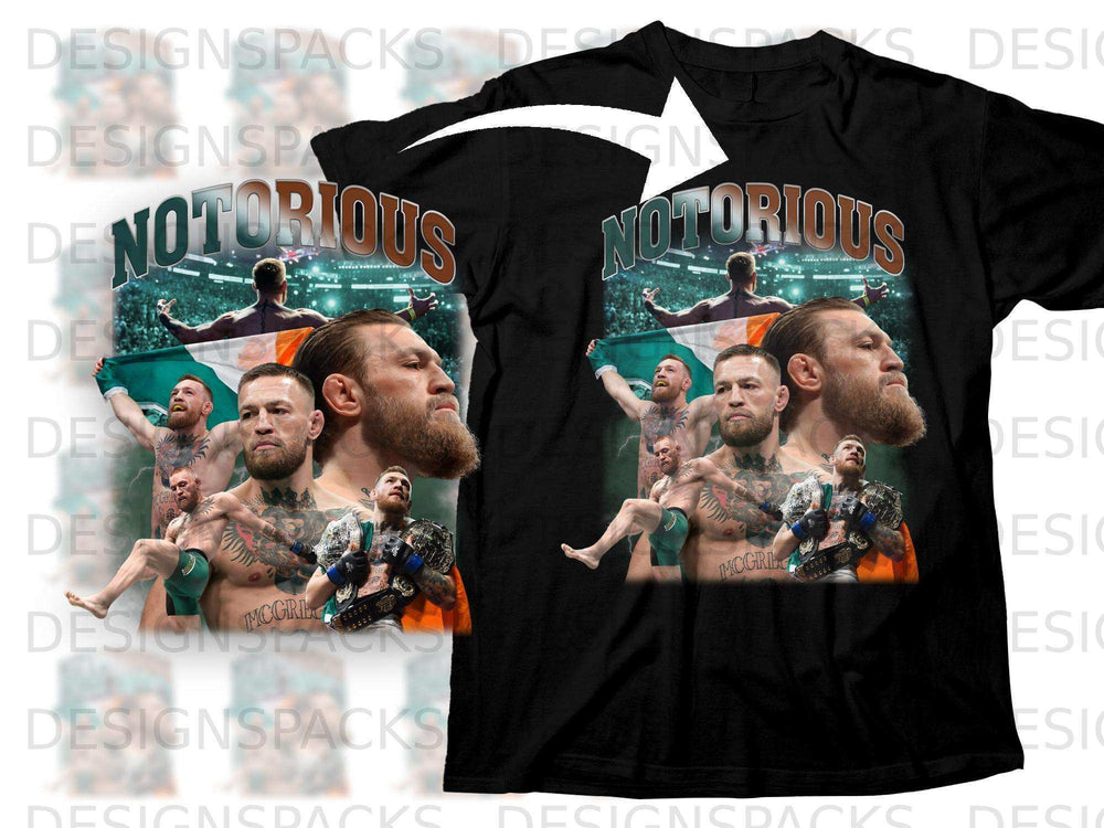Conor McGregor "Notorious" graphic tee with title and fighter images.
