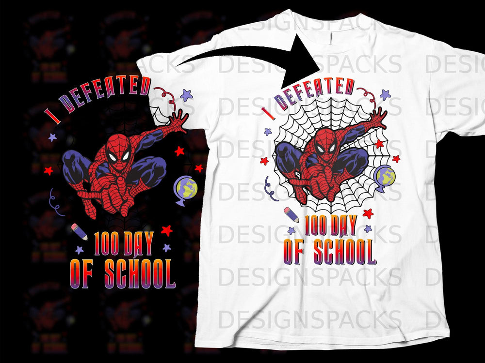 Spider-Man on a web saying "I DEFEATED 100 DAY OF SCHOOL".
