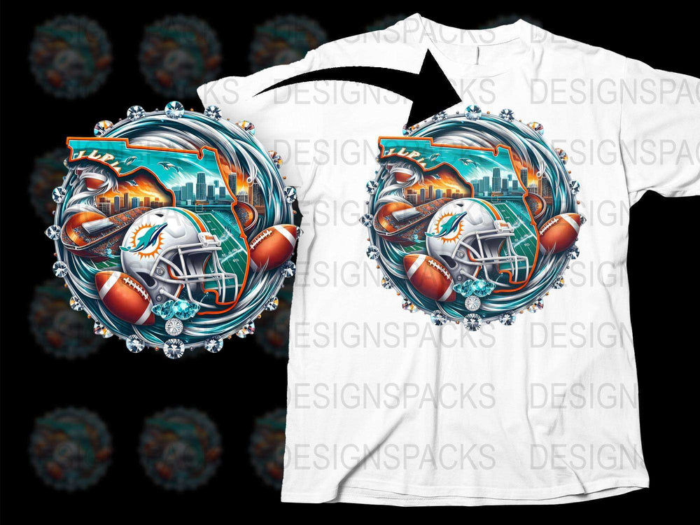 Miami Football Themed T-Shirt, City Skyline Helmet Graphic Tee, Sports Fan Apparel, Vibrant Colorful Design, Unisex Clothing
