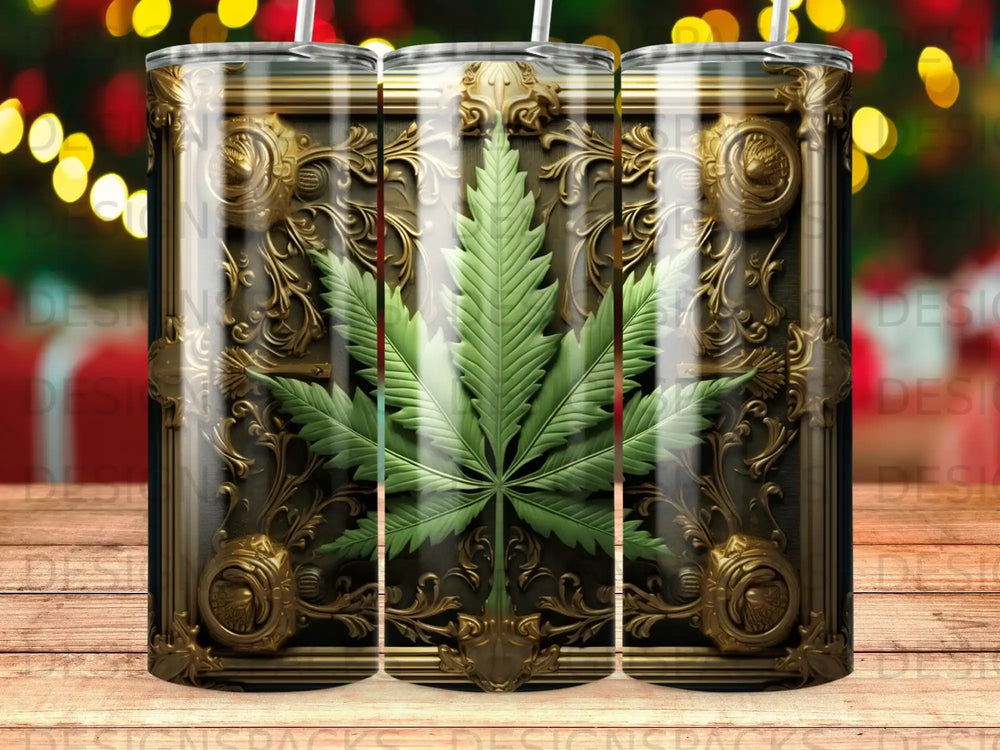 Ornate metallic frame surrounds a detailed green cannabis leaf.