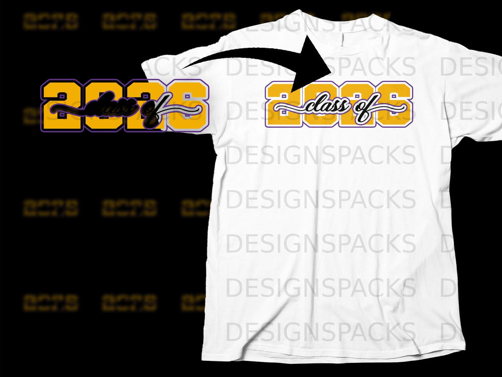 White t-shirt with a purple and yellow "Class of 2026" graphic.