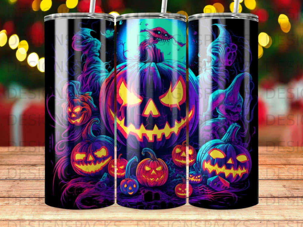 Three Halloween-themed tumblers featuring a grinning pumpkin and spooky figures.