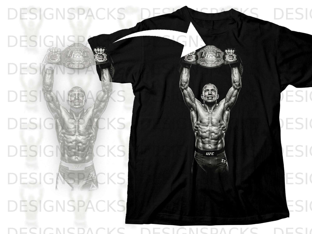 Black t-shirt with UFC fighter holding championship belts overhead.