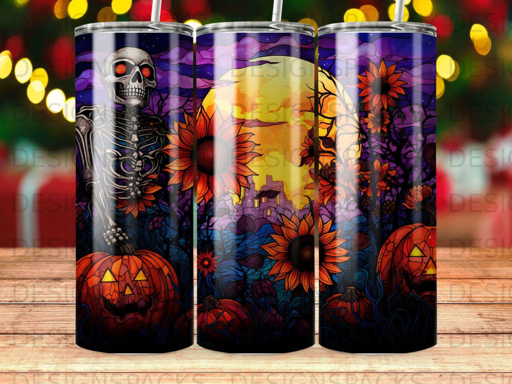 Skeleton, pumpkins, and sunflowers under a full moon, Halloween theme.