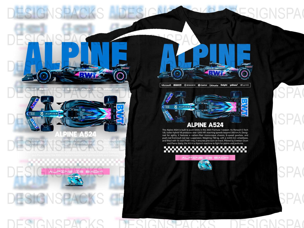 Alpine A524 Racing Car Graphic T-Shirt, Motorsport Fan Apparel, Formula One Inspired Design, Unisex Black Tee