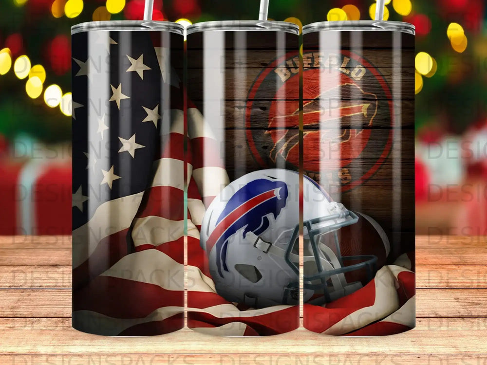 Buffalo Bills helmet with flag and wood grain background.