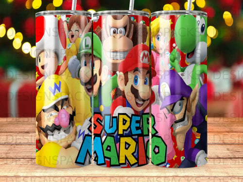 Mario and friends characters on a red, white, and green patterned tumbler.