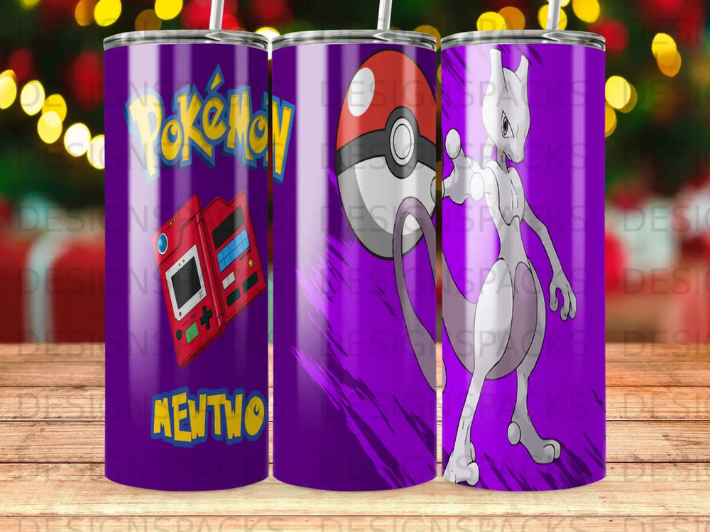 Mewtwo and Pokeball with Pokemon logo on purple gradient tumbler.