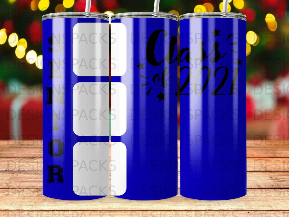 Blue tumbler with "Class of 2024" text.