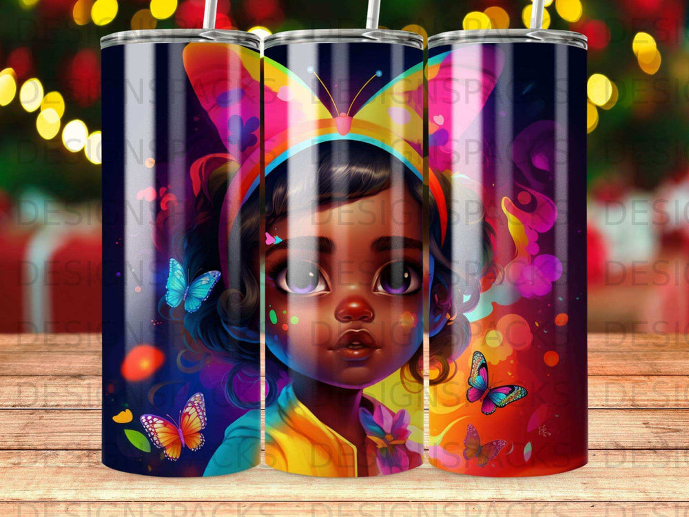 Girl with butterfly wings and colorful design on tumbler.