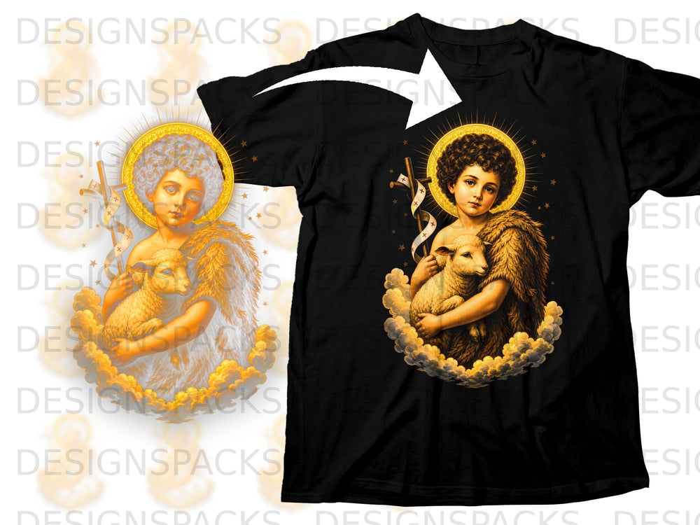 Black t-shirt featuring John the Baptist holding a lamb with a halo and clouds.