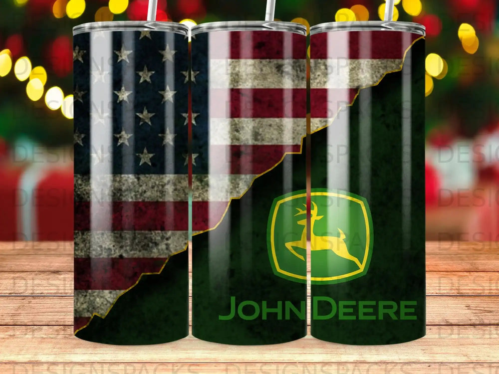 American flag and John Deere logo on a green tumbler.