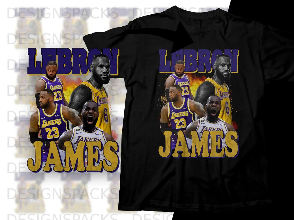 Black t-shirt graphic featuring LeBron James in Lakers uniform with "LEBRON JAMES" text.