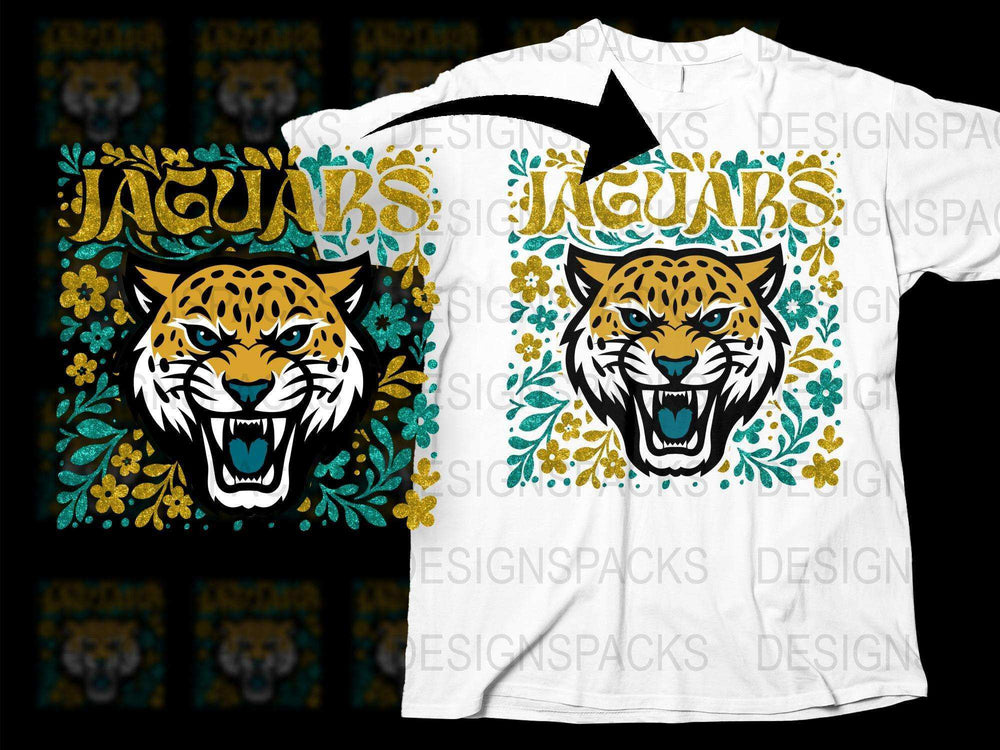 Jaguar Print T-Shirt, Floral Pattern, Animal Face Graphic Tee, Unisex White Shirt with Tiger Design, Jungle Theme Apparel