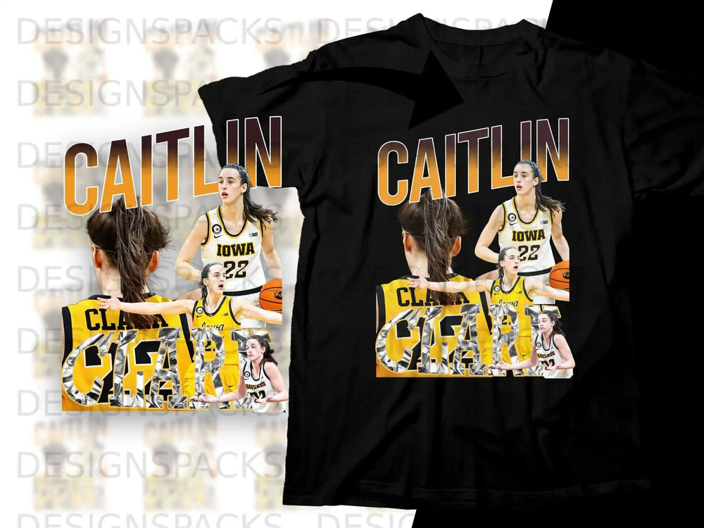 Black t-shirt with "CAITLIN" text and Iowa Hawkeyes basketball player graphics.