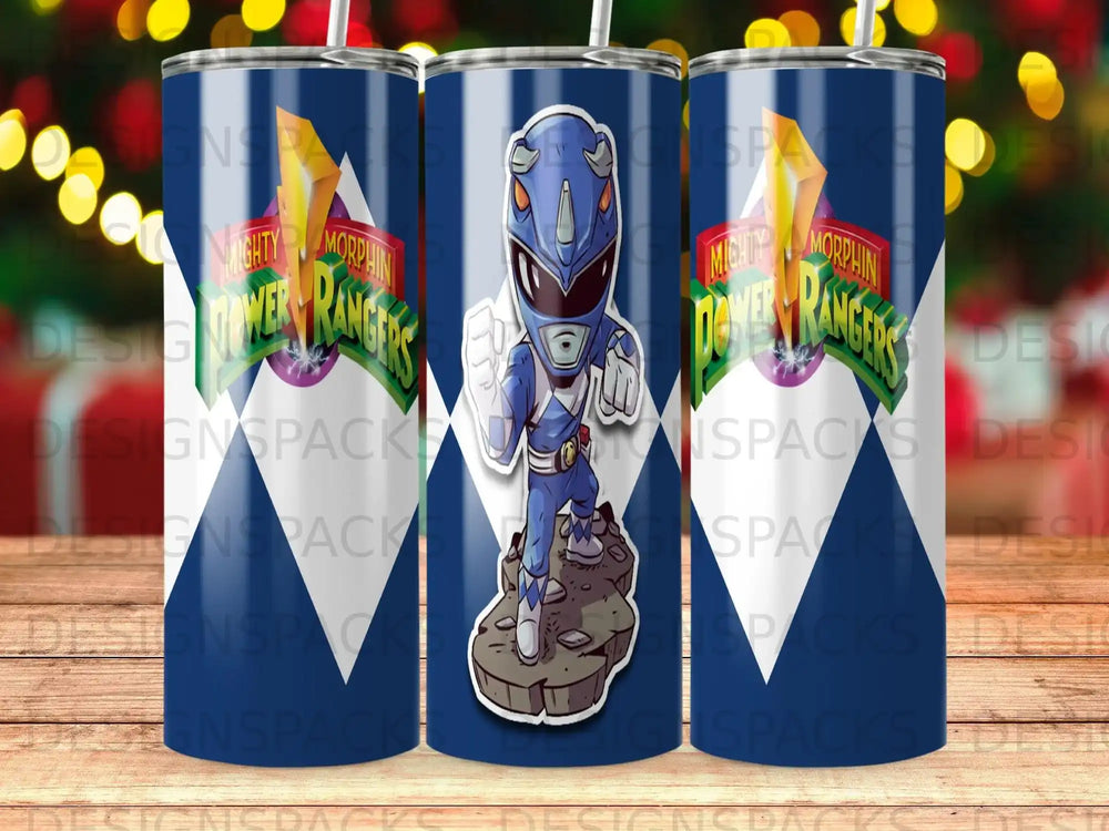 Mighty Morphin Power Rangers blue ranger on a patterned tumbler.