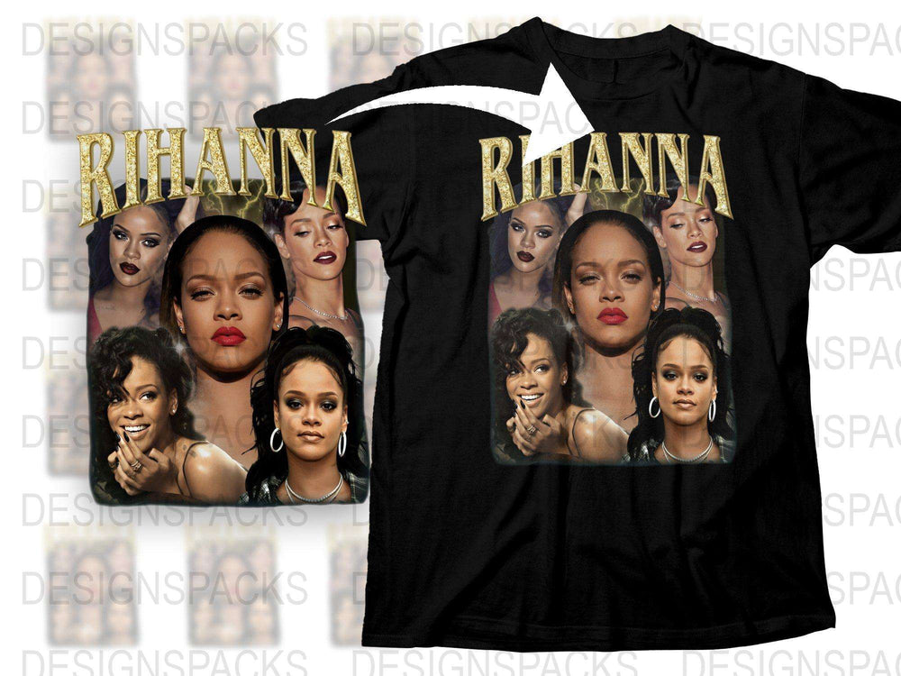 Rihanna Graphic T-Shirt, Pop Icon Multiple Faces Print, Trendy Music Artist Tee, Black Unisex Shirt