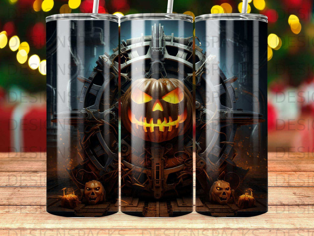 Spooky jack-o'-lantern with gears and skulls on a Halloween-themed tumbler.