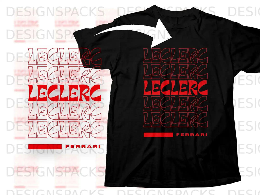 Black t-shirt with red "LECLERC LECLERC LECLERC FERRARI" text.