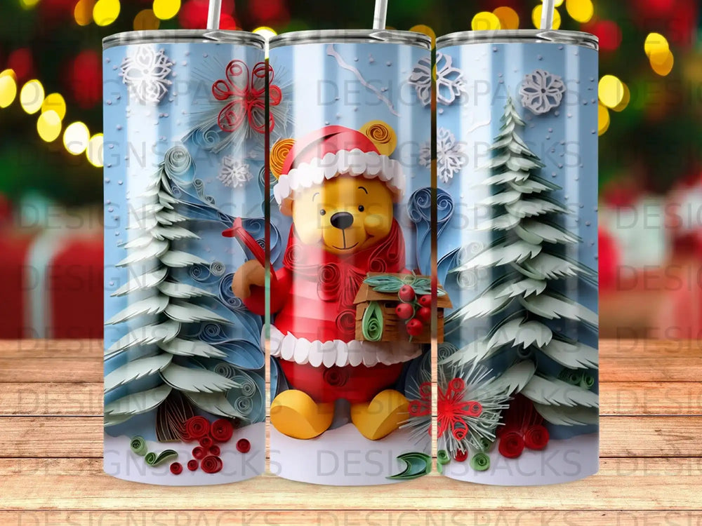Winnie the Pooh in Santa hat with Christmas trees and snowflakes.