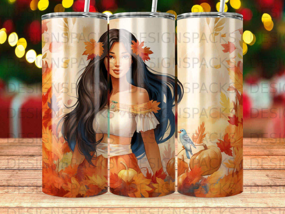 Woman with dark hair and autumn leaves, featuring a blue bird.