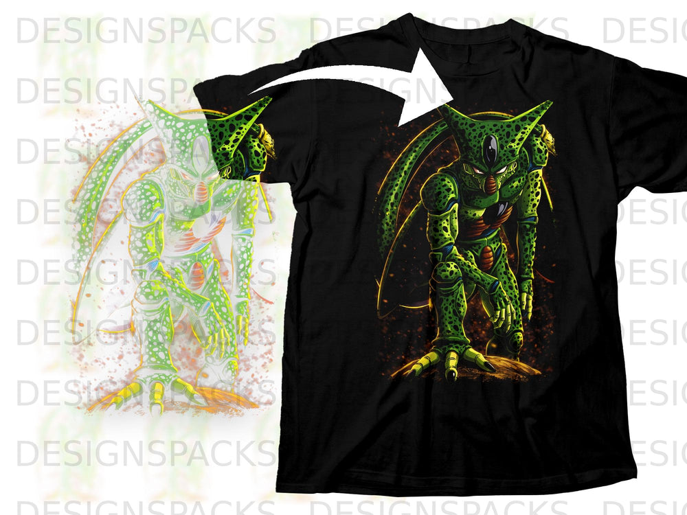 Green insect-like character with black spots on a black t-shirt.
