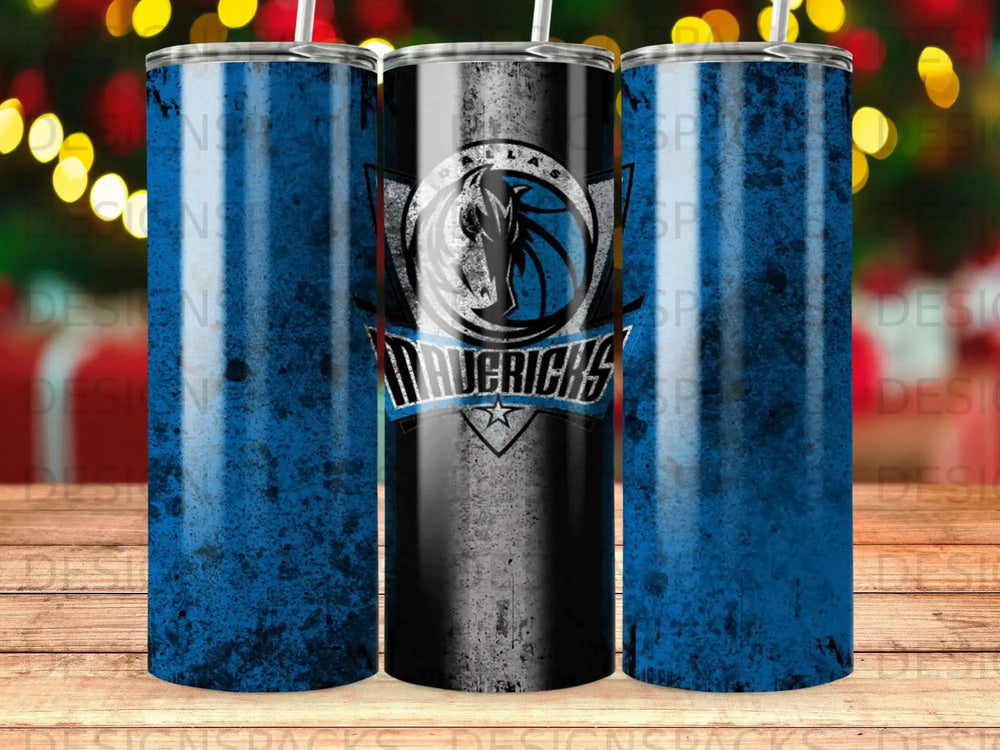 Dallas Mavericks logo on a distressed blue and black tumbler.