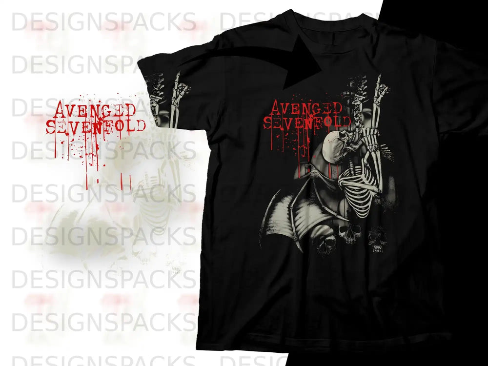Black t-shirt with Avenged Sevenfold logo and skeleton graphic.